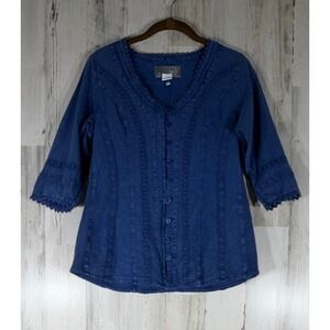 Inca Cottons Button Front Top Small Sunwashed Blue Peruvian Cotton Crochet READ